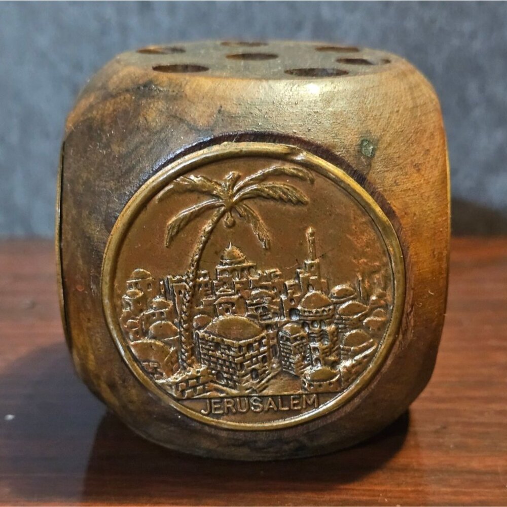 Vintage Jerusalem Olive Wood Cube Pencil Holder Raised Embossed Copper Scenes